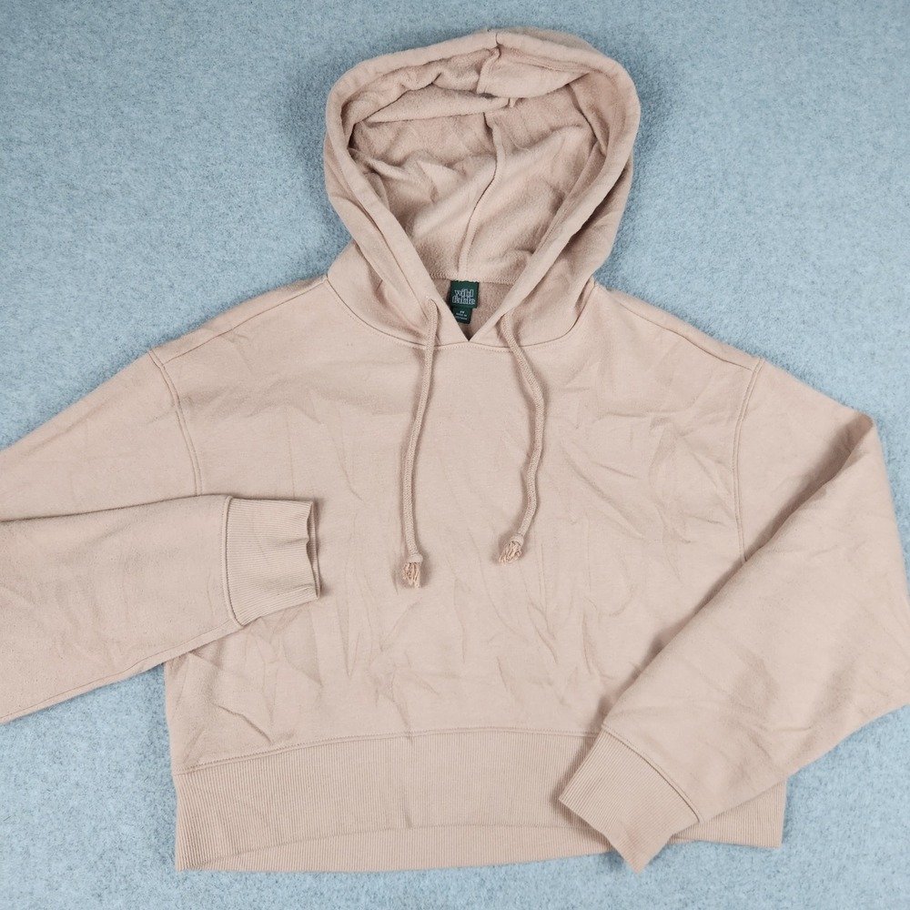Wild Fable Cropped Hoodie Women XS Tan Cotton Fleece Lined Relaxed Fit Pullover